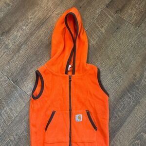 Carhartt Baby 9M Blaze Orange Hooded Fleece Vest Full Zip Brown Trim Kids Jacket